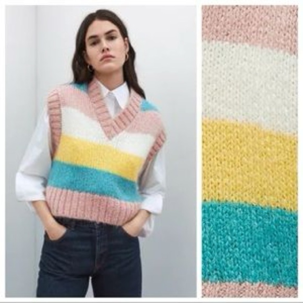 Zara Pink and Yellow V-Neck Sweater Vest